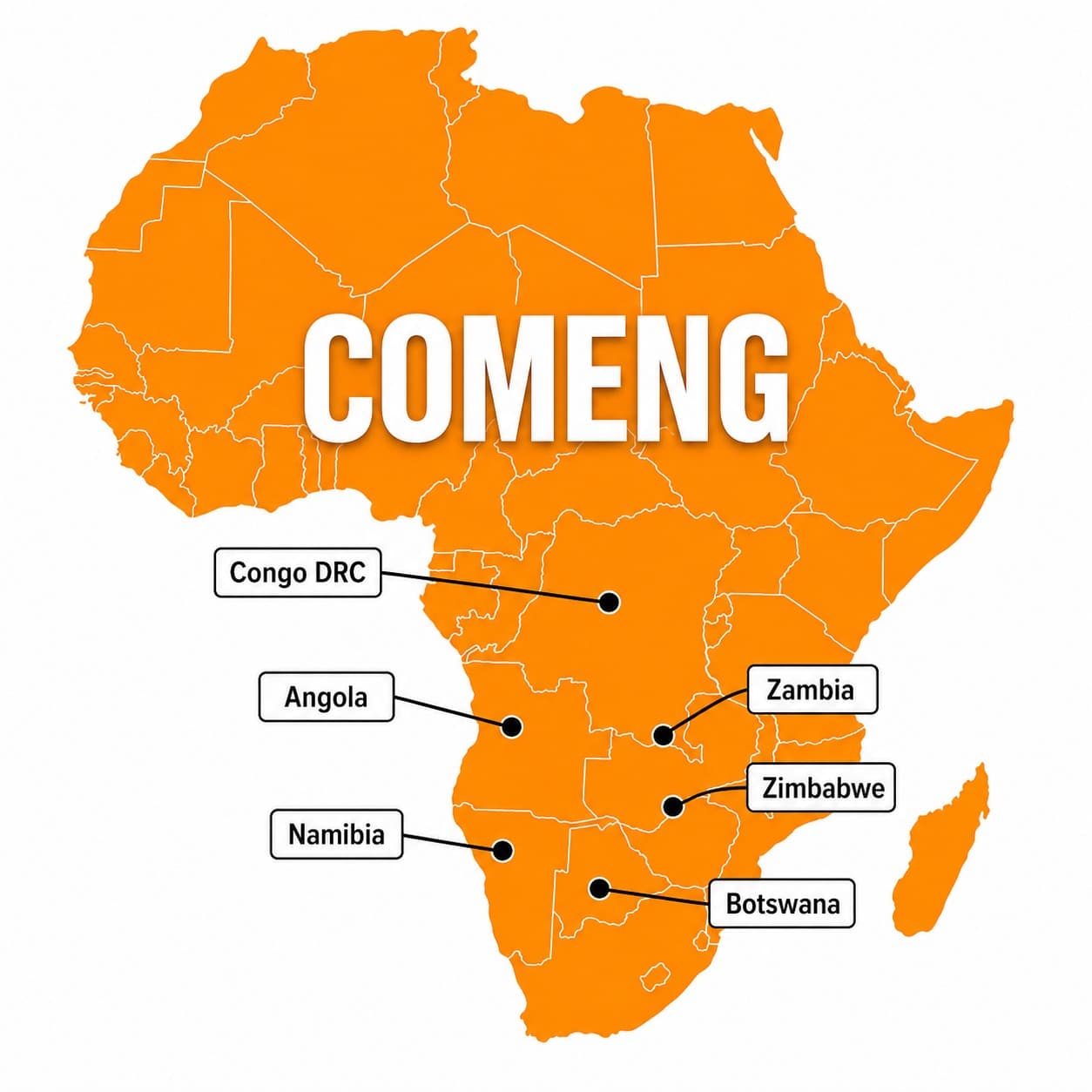 COMENG African presence highlighting Congo DRC, Angola, Namibia, Zambia, Zimbabwe, and Botswana
